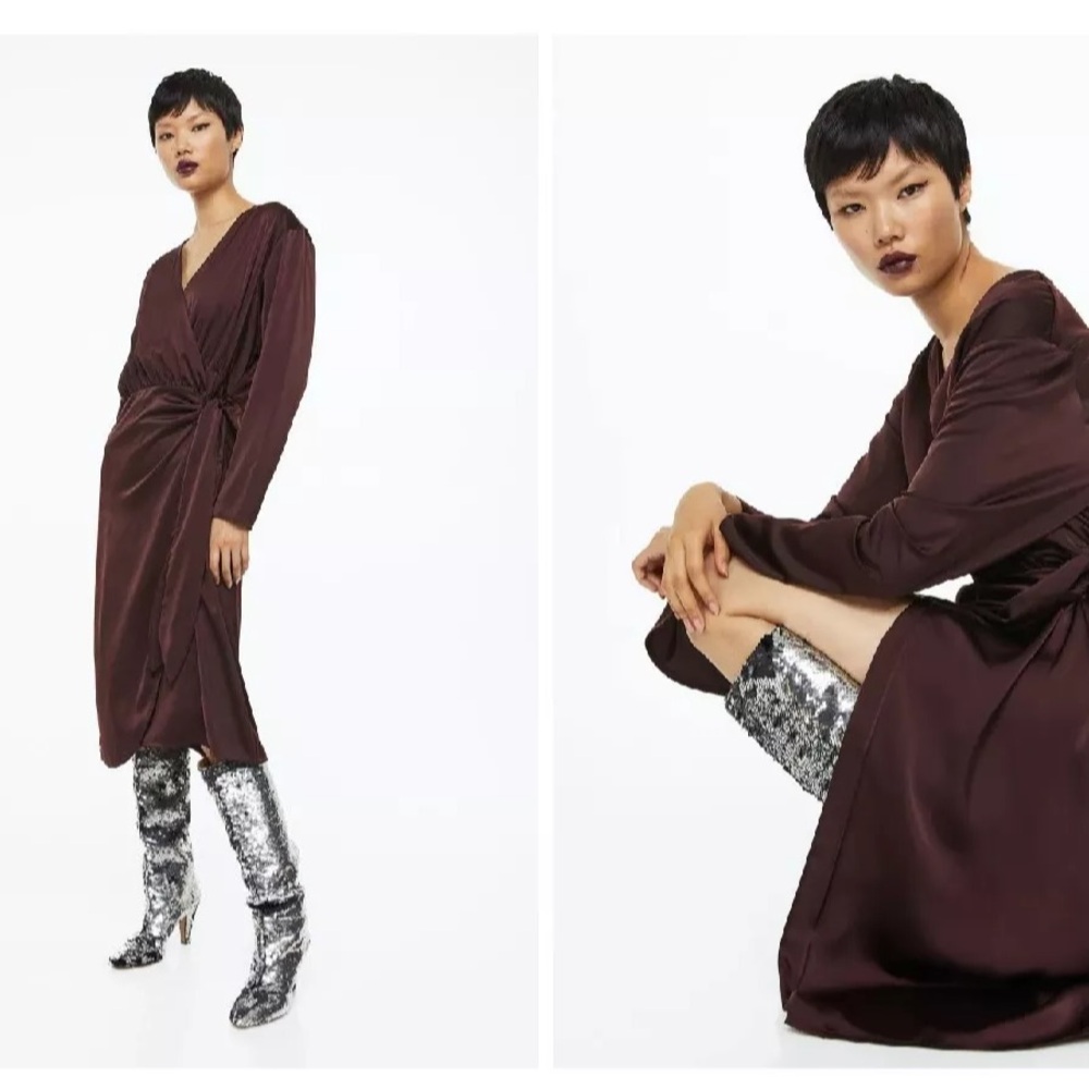 NWT H&M BURGUNDY SATIN WRAP FRONT MIDI FULLY LINED DRESS SZ XXL